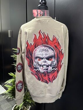Chucky Pullover Sweatshirt,logo back,front,sleeve,fleece lined,velvet back logo